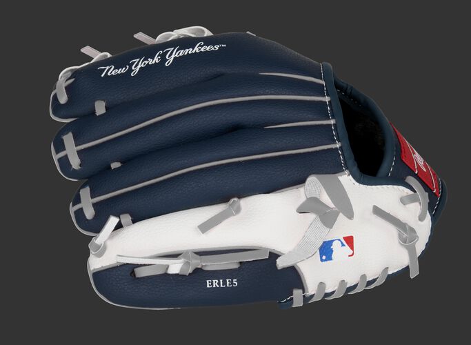 Back of a navy, white & red New York Yankees 10-inch youth glove with the MLB logo on the pinky - SKU: 22000030111