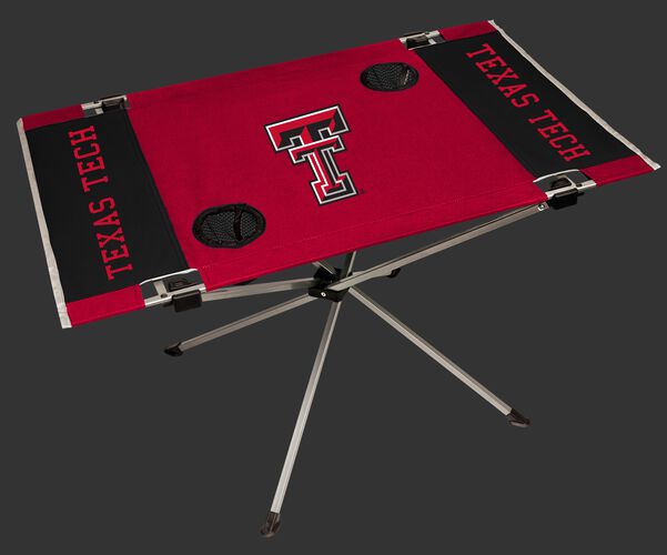 A red/black NCAA Texas Tech Red Raiders endzone table with two cup holders and team logo printed in the middle SKU #04053063111