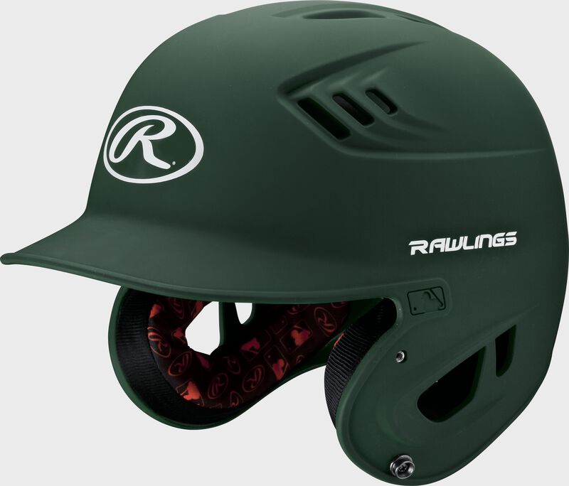 Front left-side view of Dark Green Rawlings Velo Matte Batting Helmet - SKU: R16M