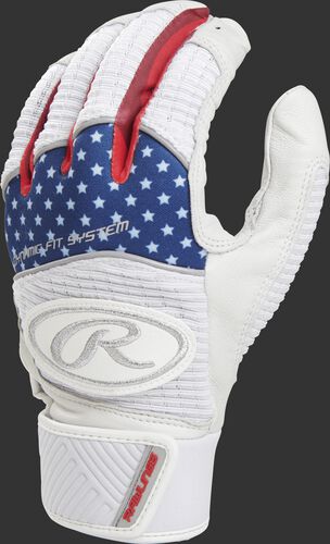 A white WH950BG-USA adult Workhorse batting glove with a USA theme on the back of the fingers