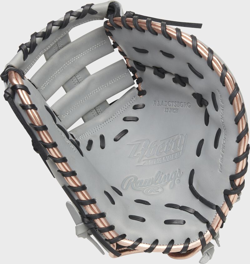 Gray palm of a Rawlings Liberty Advanced Color Series 1st base mitt with black laces - SKU: RLADCTSBGRG