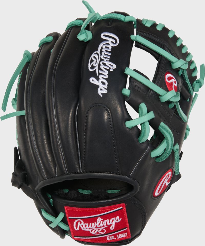 Black back of a Rawlings R9 ContoUR 11-Inch Infield Glove with a red Rawlings patch