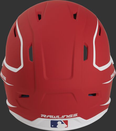 Back of a scarlet/white MACH high performance senior helmet with the Official Batting Helmet of MLB logo