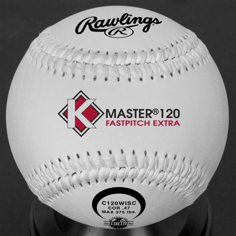 A white C120WISC ISA official 12-inch K-Master softball with white stitching loading=
