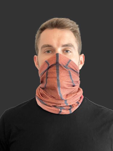 A guy wearing a basketball design adult neck gaiter over his mouth and nose - SKU: RC40006-202