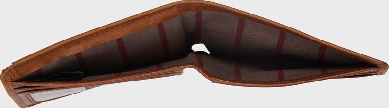 Inside view of a tan Rawlings Home Run bi-fold wallet