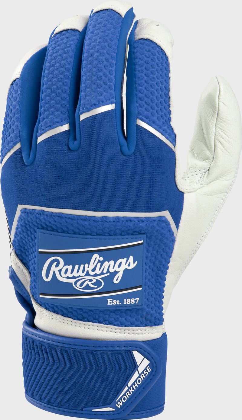 Back of a royal 2022 workhorse batting glove with a royal Rawlings patch - SKU: WH22BG-R