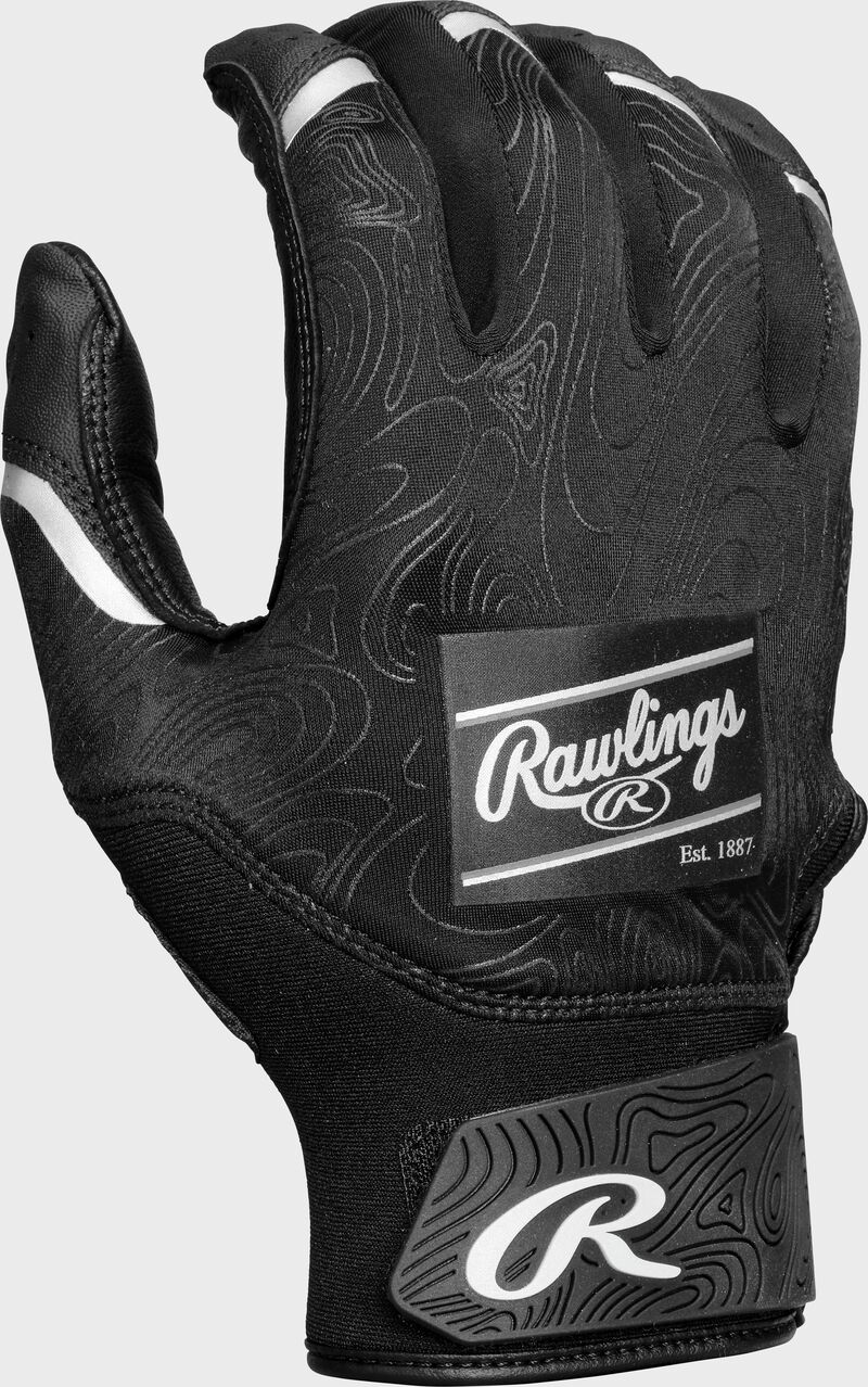 Back of a black Clout batting glove loading=
