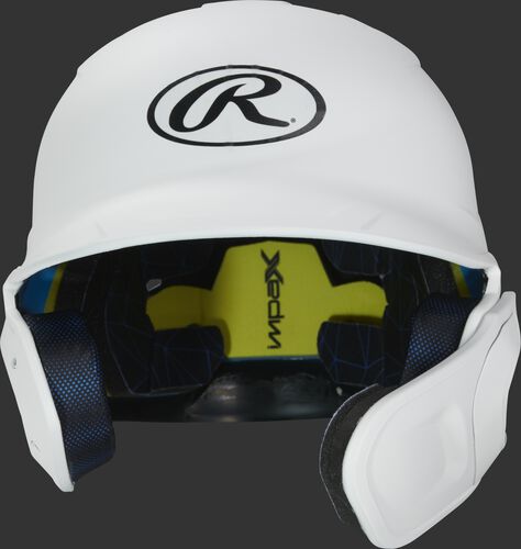Front of a matte white MACHEXTR high school/college Mach batting helmet with face guard extension for right hand batters