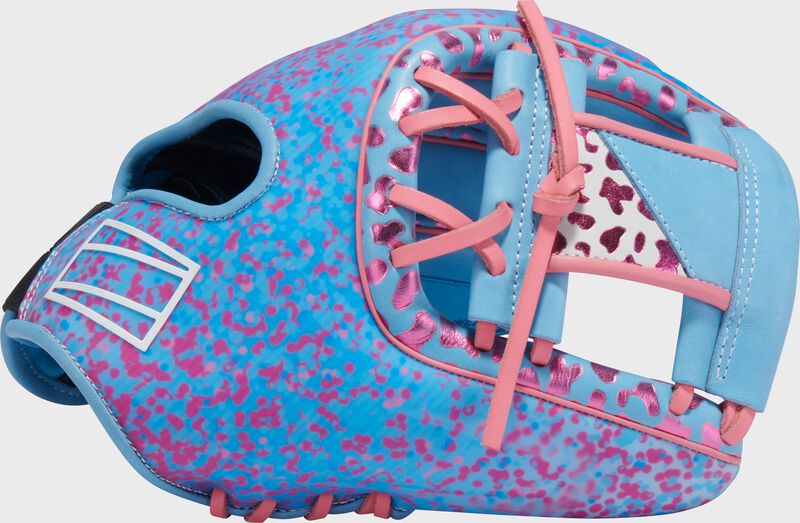 Thumb of a Columbia blue/pink Rawlings exclusive REV1X 11.75" infield glove with a Columbia blue I-web