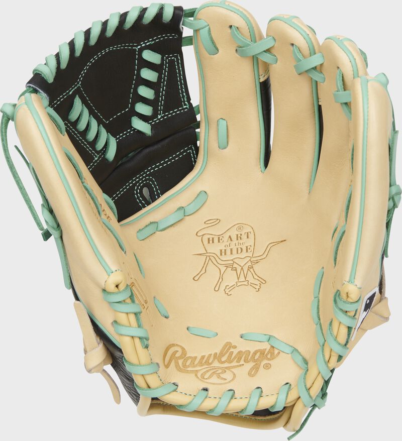 Camel palm of a Rawlings Heart of the Hide R2G glove with mint laces - SKU: RSGRPROR205-30CCM loading=