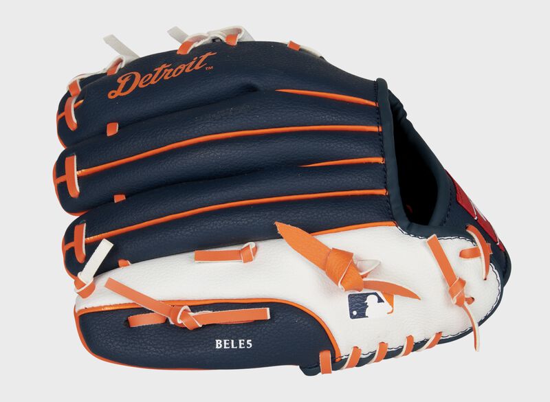 Back of a navy/white/orange Detroit Tigers 10-inch youth glove with the MLB logo on the pinky - SKU: 22000027111