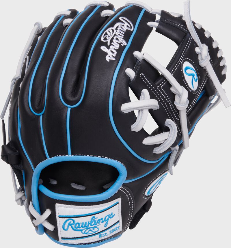 Black back of a NXT Series 11.5" I-web infield glove with a white Rawlings patch