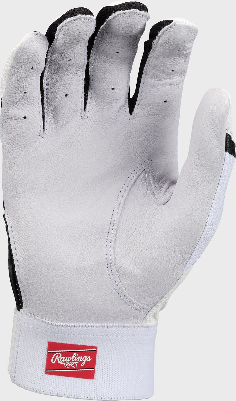 White palm of a white/black Rawlings 5150 II batting glove - SKU: 5150IIBG-WHBK