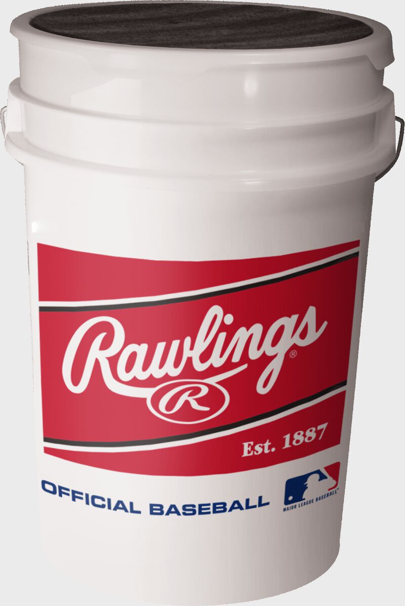 Rawlings red patch logo on a white 6 gallon bucket - SKU: BUCKET6G6PK