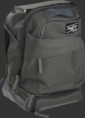 Right angle of a gray R701 baseball backpack
