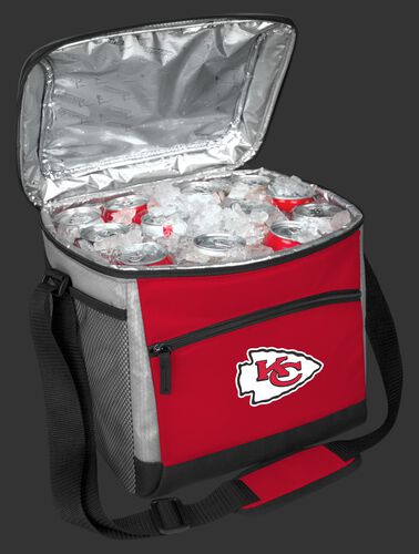 An open Kansas City Chiefs 24 can cooler filled with ice and drinks - SKU: 10211071111