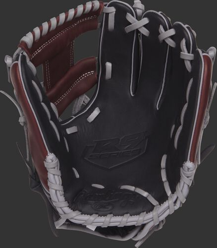 R9204-2BSG 11.5-inch Rawlings R9 Series baseball glove with a black palm and grey laces