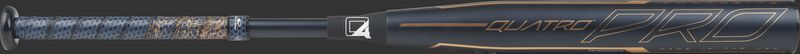 Barrel of a black FPZP10 Rawlings Quatro Pro Drop-10 bat with rose gold accents