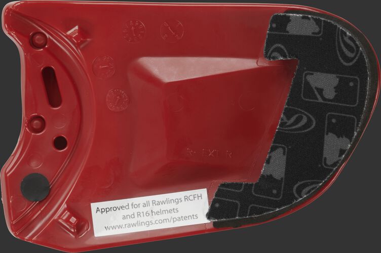 Padding on a scarlet REXT Rawlings R-EXT universal batting helmet face guard extension