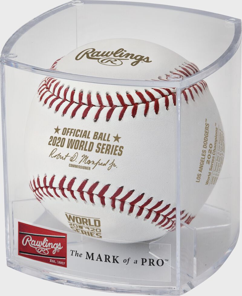 A Los Angeles Dodgers 2020 World Series champions baseball in a clear display cube - SKU: EA-WSBB20CHMP-R loading=