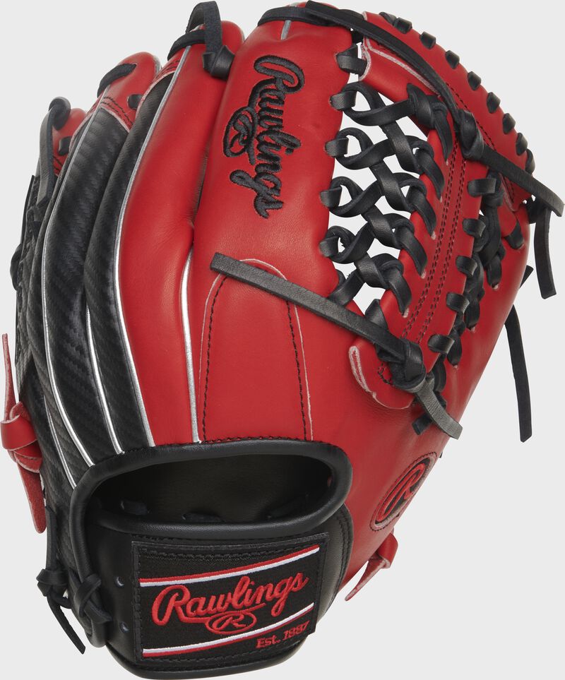 Scarlet/black Hyper Shell back of a 11.5" Heart of the Hide Modified Trap-Eze web glove with a black Rawlings patch - SKU: PROR204-4BCF