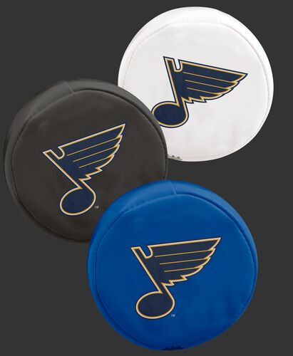 NHL St. Louis Blues 3 puck softee set with blue, black and white pucks with the Blues logo SKU #00614118111