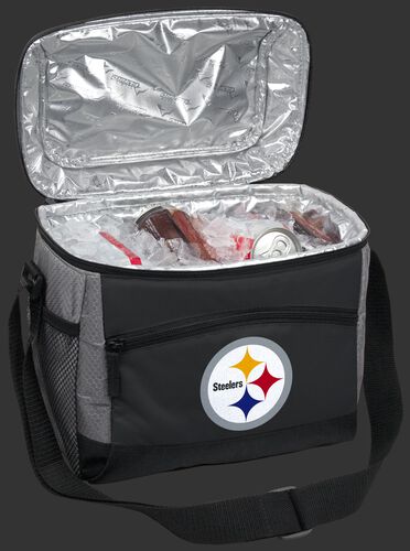 An open Pittsburgh Steelers 12 can cooler filled with ice and drinks - SKU: 10111082111