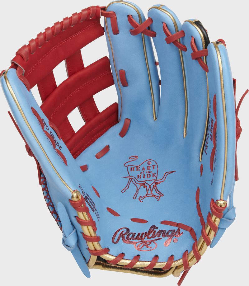 Shell palm view of Scarlet red, and Columbia blue 2021 Exclusive Heart of the Hide R2G outfield glove