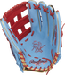 Shell palm view of Scarlet red, and Columbia blue 2021 Exclusive Heart of the Hide R2G outfield glove image number null
