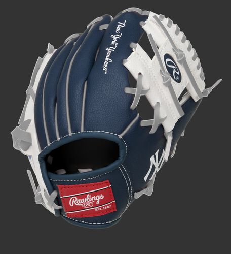 Back of a navy, white & red New York Yankees 10-inch I-web glove with a red Rawlings patch - SKU: 22000030111