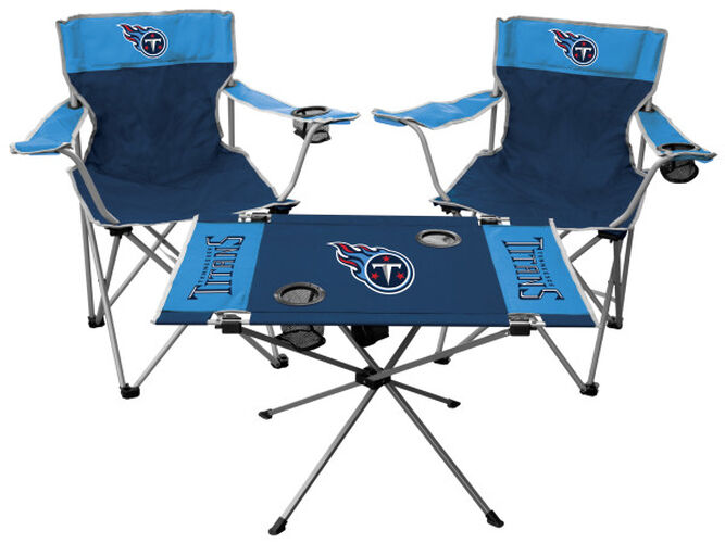 Front of Rawlings Baby Blue and Blue NFL Tennessee Titans 3-Piece Tailgate Kit With Two Kickoff Chairs, An Endzone Table, And A Transport Bag With Team Logo SKU #01041069511