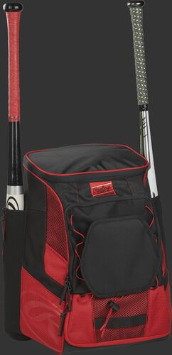 Front right of a scarlet/black R600 Rawlings players bag with two bats and Oval R printed on the bottom panel