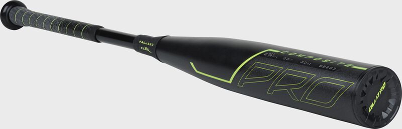 3/4 angle view of the BB9Q3 Rawlings BBCOR Quatro Pro bat with a black barrel