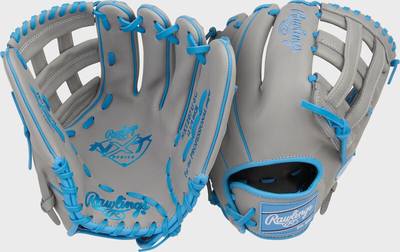 Two images showing the palm & back of a gray Rawlings NXT Series 12.25-Inch Baseball Glove