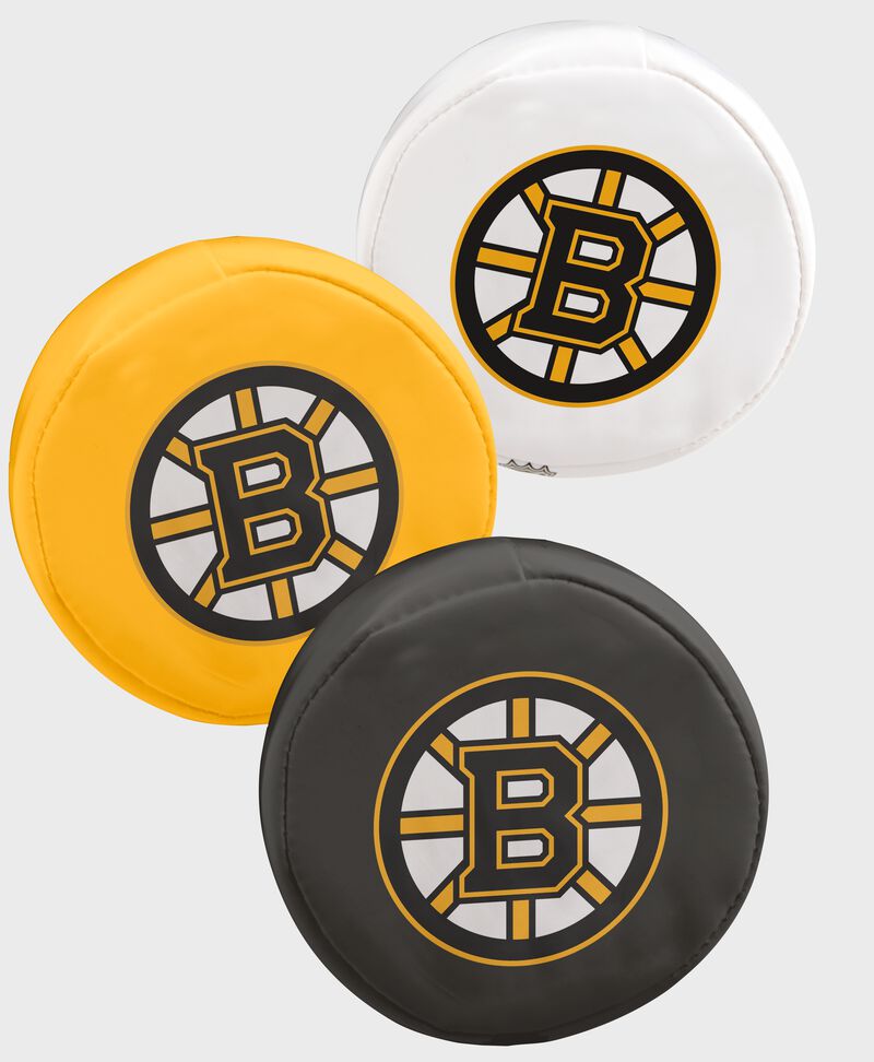 NHL Boston Bruins 3 puck softee set with black, yellow and white pucks with the Bruins logo SKU #00614104111 loading=