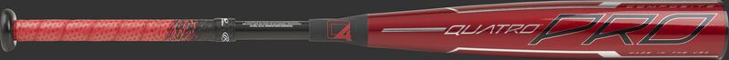 Barrel of a red USZQ8 2020 -8 Quatro Pro USA bat with black/silver accents
