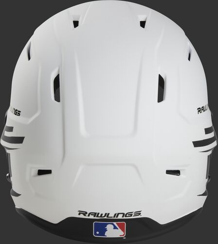 Back of a white/black Rawlings Mach fastpitch helmet with the MLB logo on the bottom - SKU: MSB13S-W/B