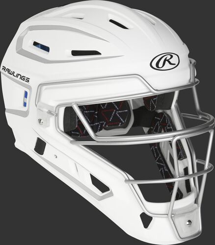 Front right of a white/silver CHV27J Rawlings Velo 2.0 catcher's helmet