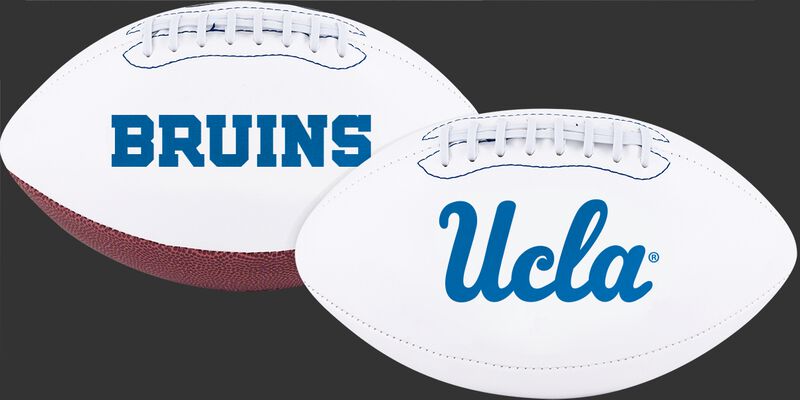 Two White NCAA UCLA Bruins Footballs With UCLA Logo on one and Bruins logo on the other - SKU #05733065121