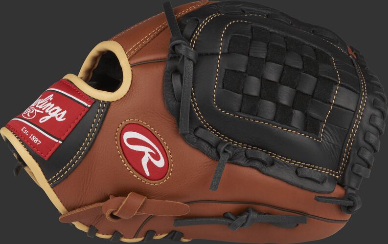 Thumb view of a brown S1200B Sandlot Series 12-inch pitcher's glove with a black basket web