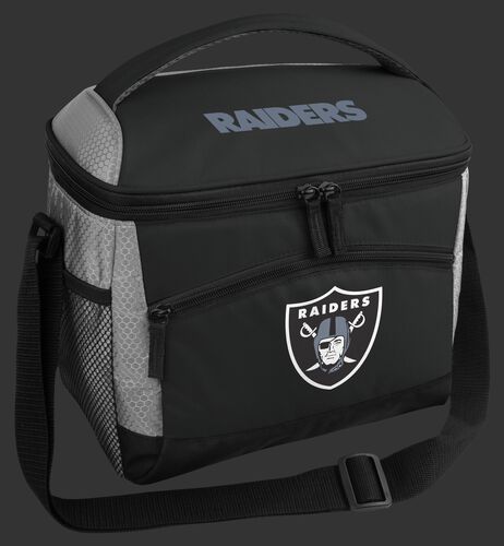 A black Las Vegas Raiders 12 can soft sided cooler with a team logo on the front - SKU: 10111072111