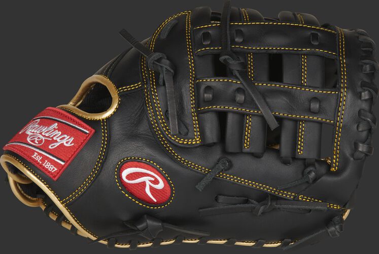 Thumb of a black R9 series 12.5-inch 1st base mitt with a black Modified H-web - SKU: R9FM18BG