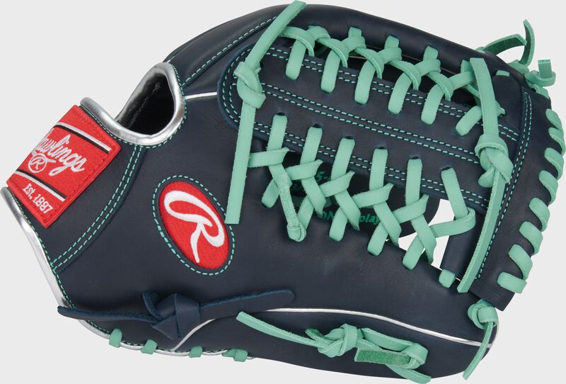 Thumb of a navy R9 Series 11.75-Inch Baseball Glove with a Modified Trap-Eze web with mint laces
