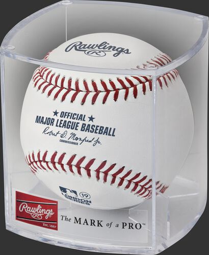 A ROMLBLS19 2019 MLB London Series ball in a clear display cube
