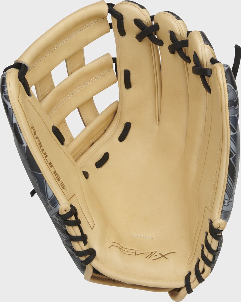 Shell palm view of camel and black 2022 REV1X 12.75-inch outfield glove
