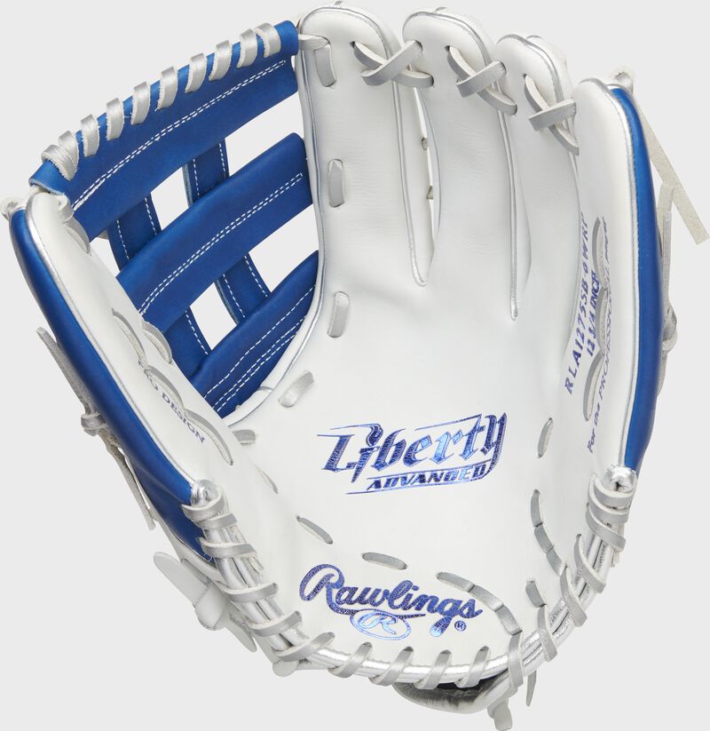 White palm of a Rawlings Liberty Advanced outfield glove with platinum laces and royal stamp - SKU: RLA1275SB-6WRP
