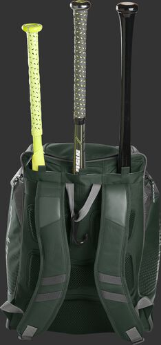 Back of a dark green Rawlings Legion baseball bag with 3 bats in the bat storage sleeve - SKU: LEGION-DG