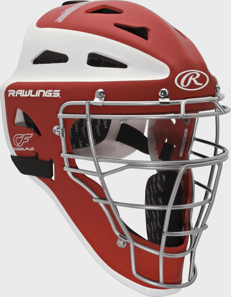 Front right of a scarlet/white CHVEL Rawlings Velo adult catcher's helmet