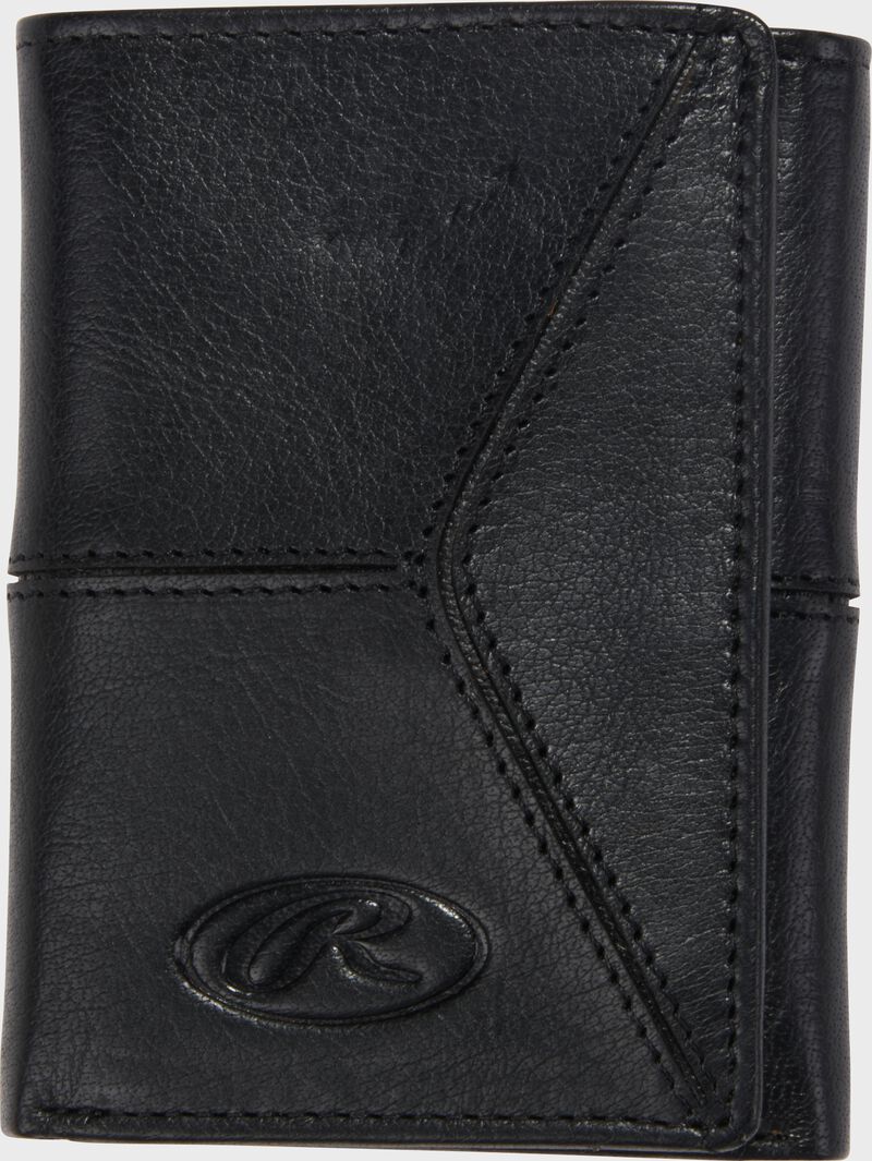 Main side of a black Rawlings Home Run Tri-Fold wallet
